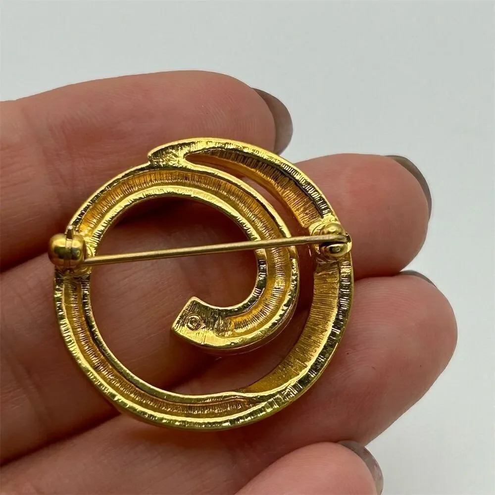 Vintage Avon Gold Tone Spiral Brooch with Clear Rhinestones Small Dainty Classic